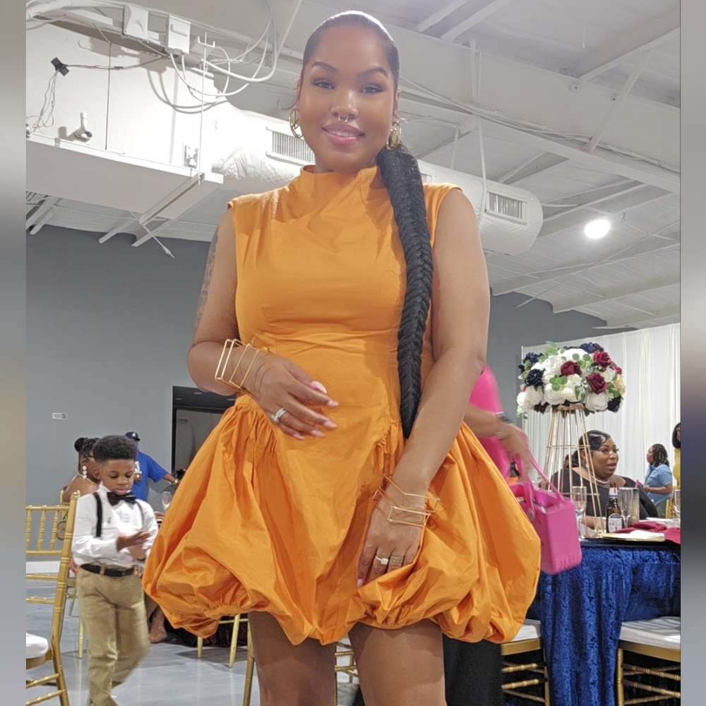 ASOS EDITION high neck drop waist puffball mini dress in mango orange